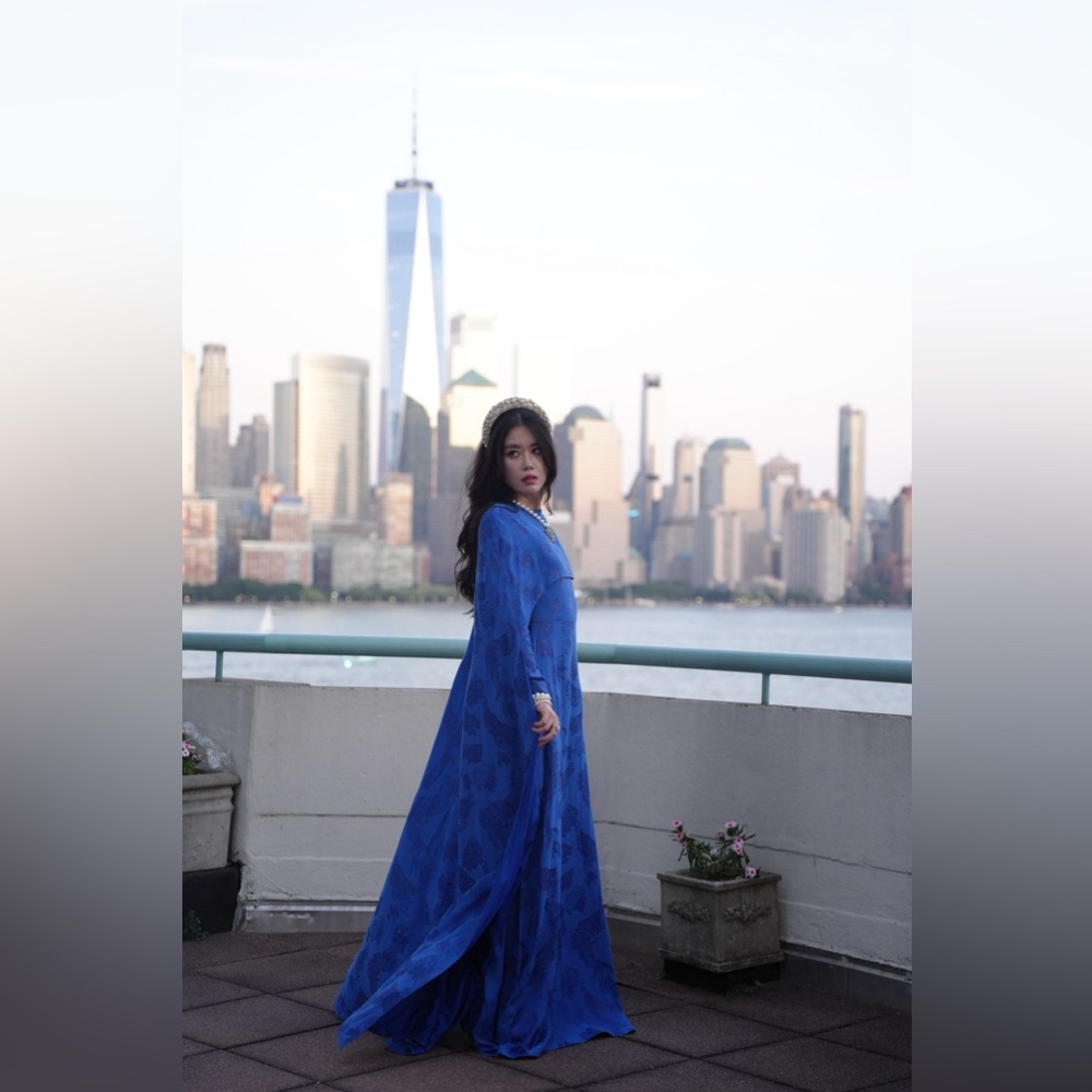 Markarian Double Jacquard Royal Blue Maxi Gown with Cape XS